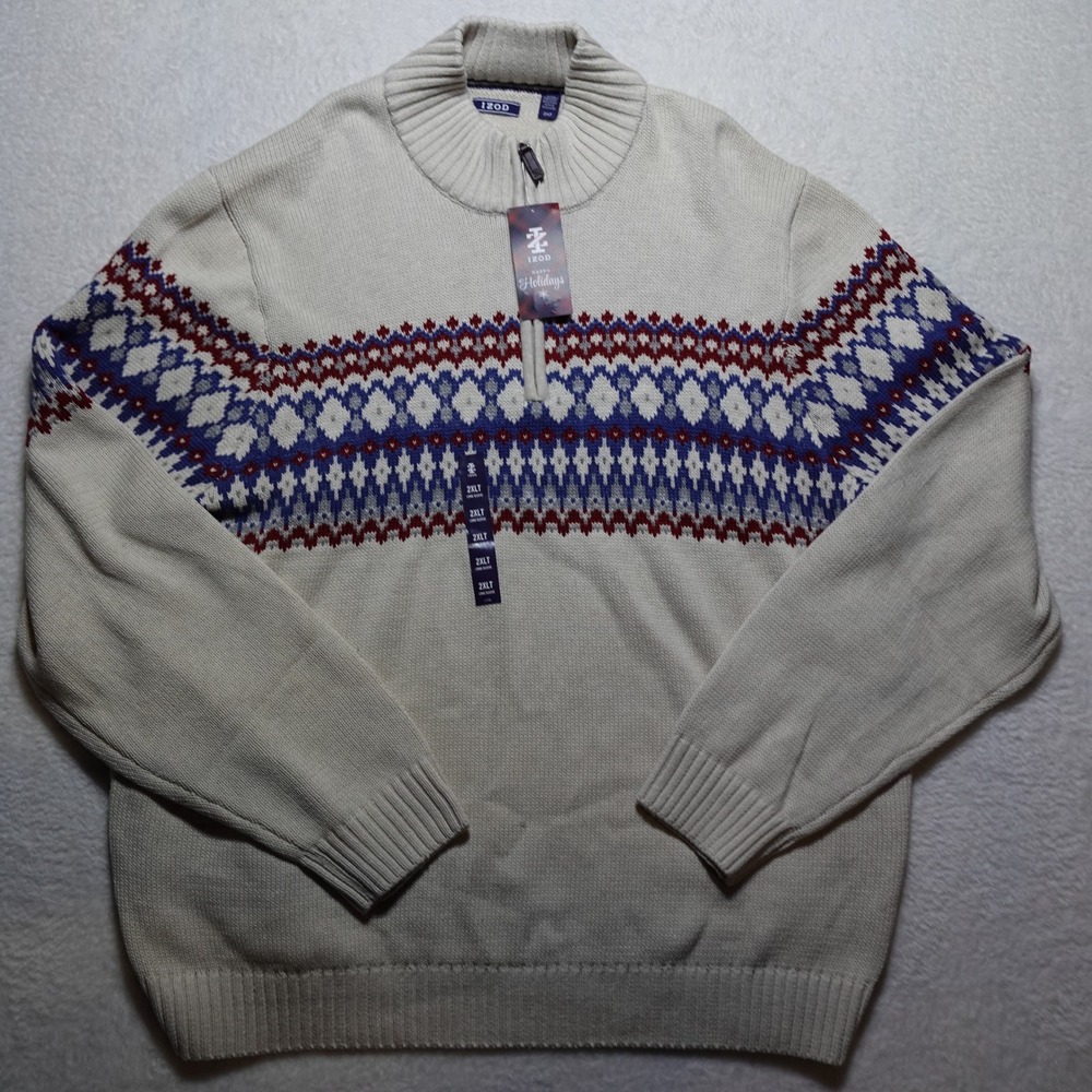 IZOD Quarter Zip Sweater Mens 2XLT Cream Fair Isle Holiday Cotton Blend NWT